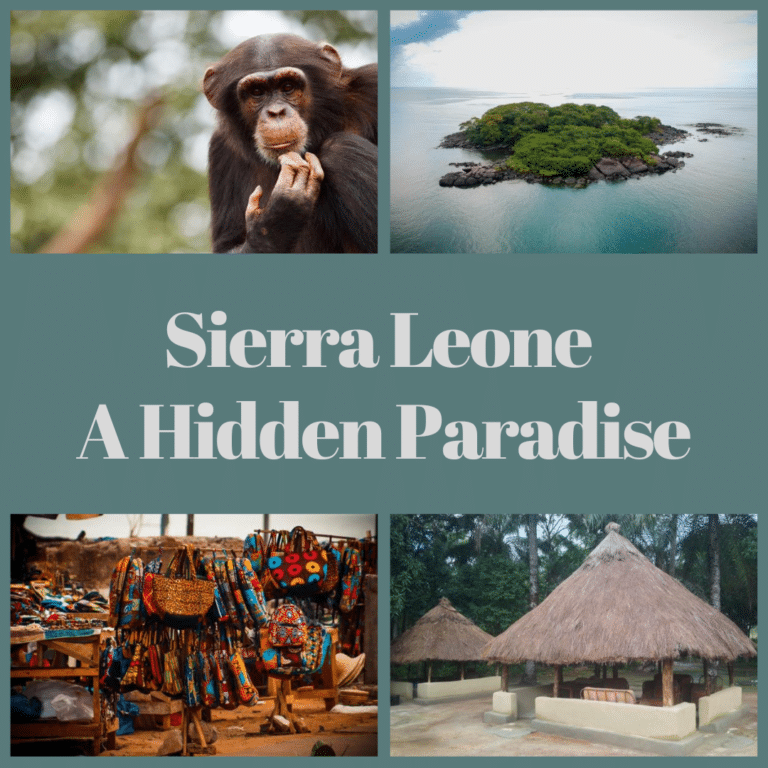 The blog post title Sierra Leone a hidden paradise with 4 images showing a chimpanzee, african themed bags at a local market, a local village hut with a straw roof and a drone shot of a Sierra leone Island