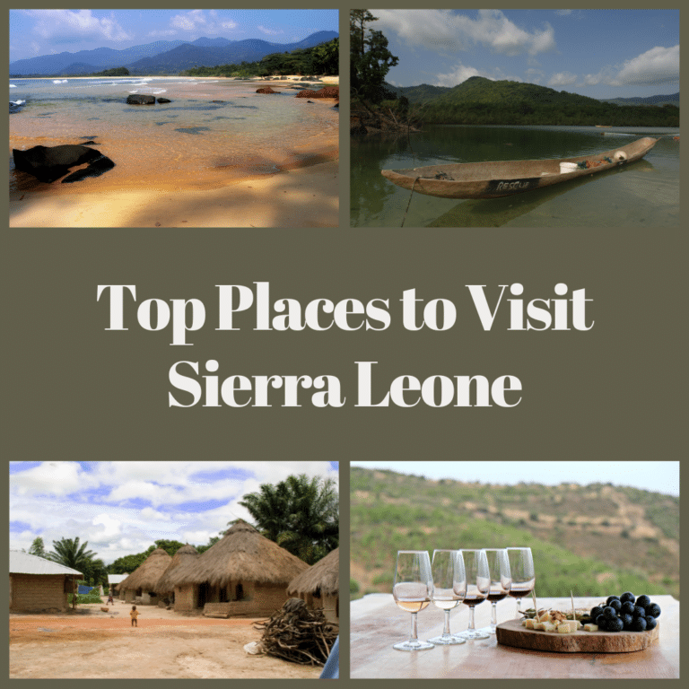 4 Images of things to do in Sierra Leone. Includes a beach, a long boat in water and freetown