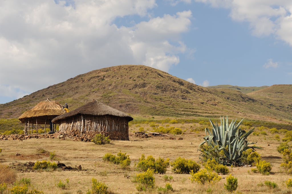 19 Day South Africa, Lesotho and Eswatini Group Tour 3 Scenic view of traditional huts in a dry, mountainous African landscape under a blue sky.