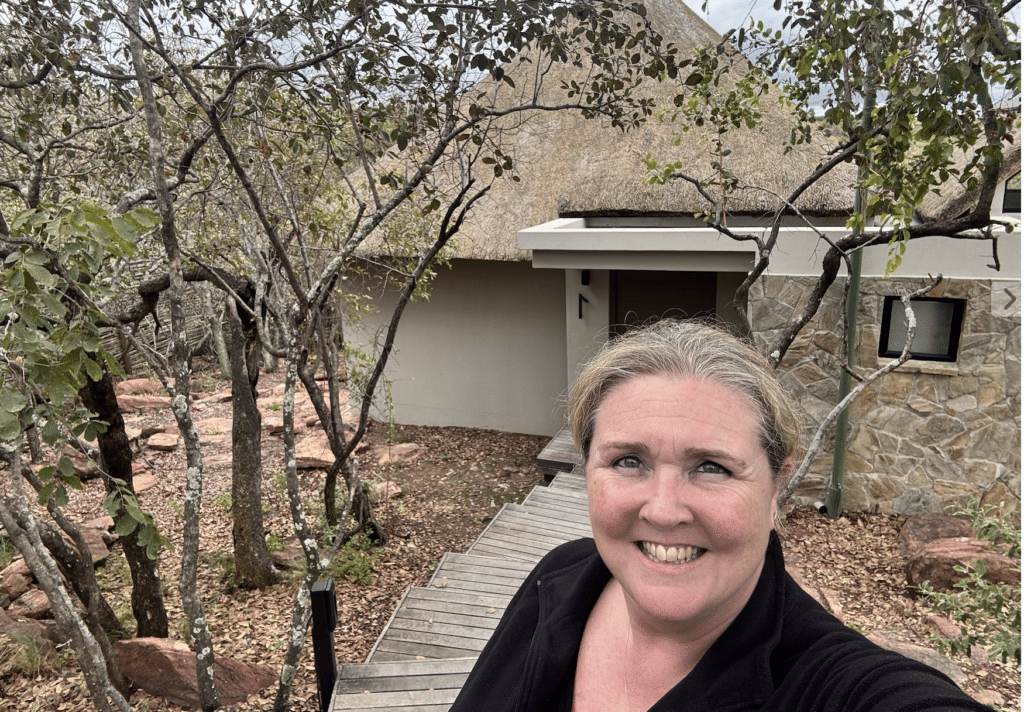 Sarah outside tent 1 at Laluka Safari Lodge in Welgevonden Game Reserve