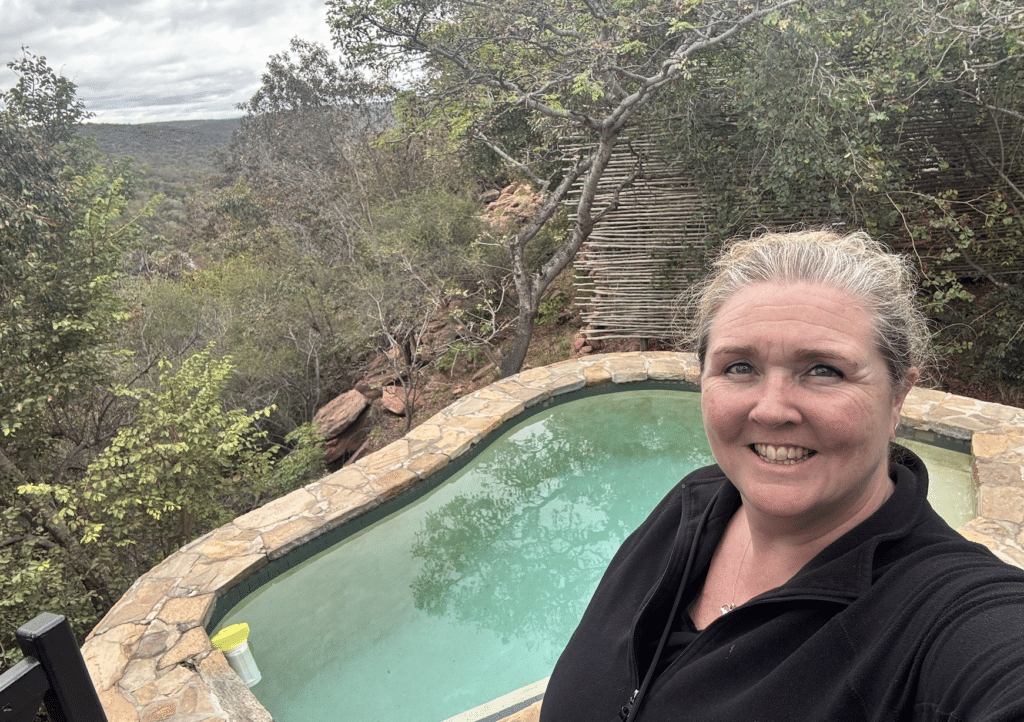 Sarah at the tent suite plunge pool at Laluka Safari Lodge in Welgevonden Game Reserve