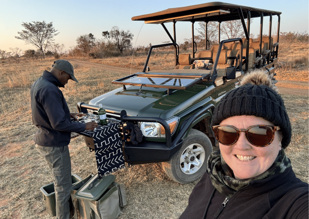 Outside the gate drive vehicle for drinks in Welgevonden Game Reserve