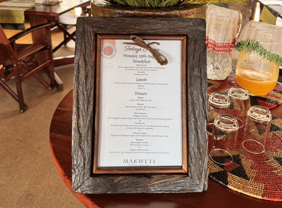 picture of lunch menu at Makweti Safari Lodge in Welgevonden Game Reserve